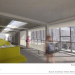 Rendering of the entry corridor to the science wing with new window wall and seating.