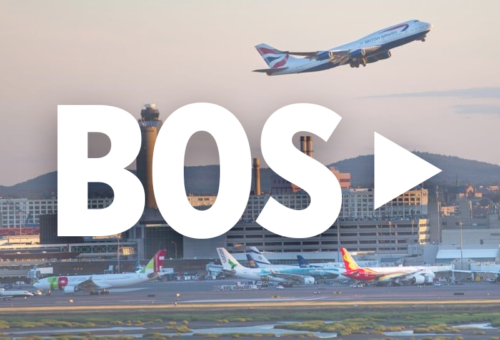 Plane taking off with the words BOS over the image